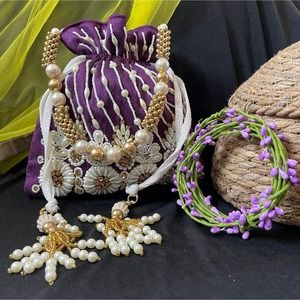 NWT Purple purse Indian potli beaded and sequin embroidered bridal clutch purse